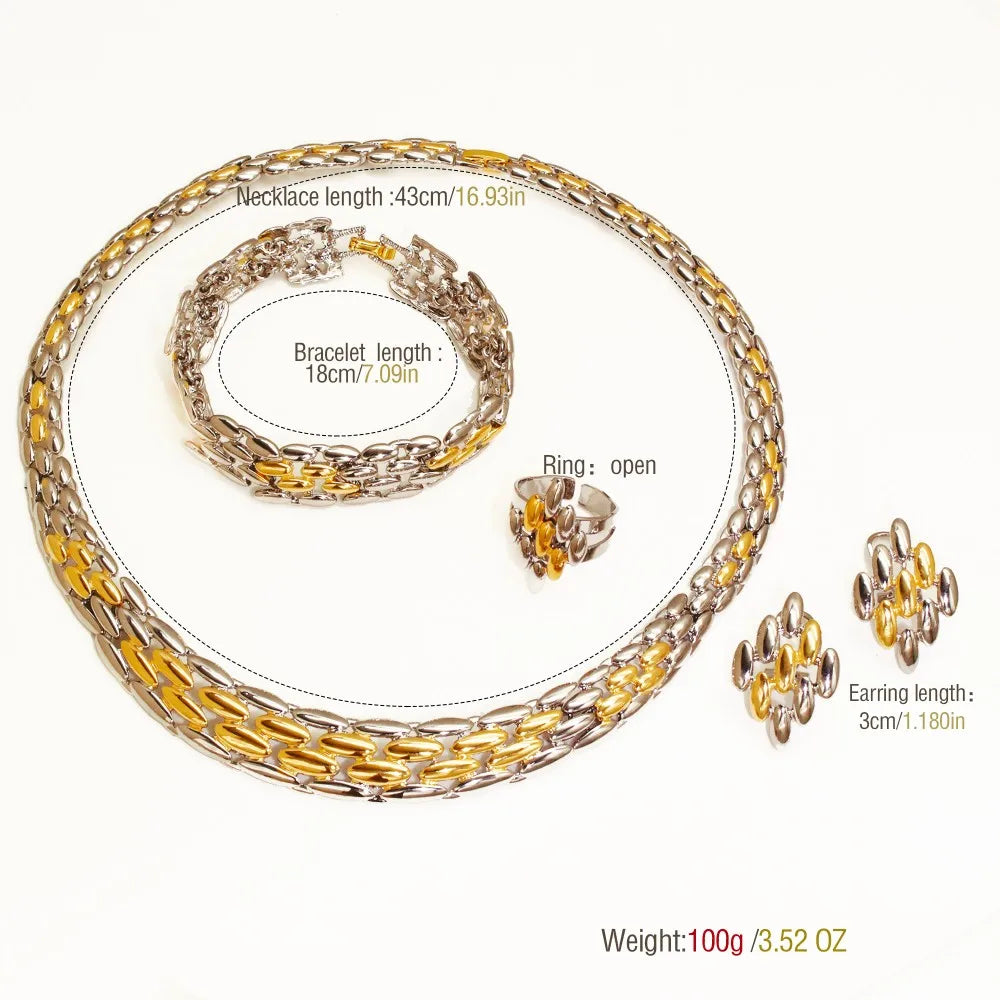 GZJPEI Italian Design Jewelry Set Gold Silver Color Two Tone Necklace Bracelet Geometry Stud Earring Ring For Women Wedding Gift