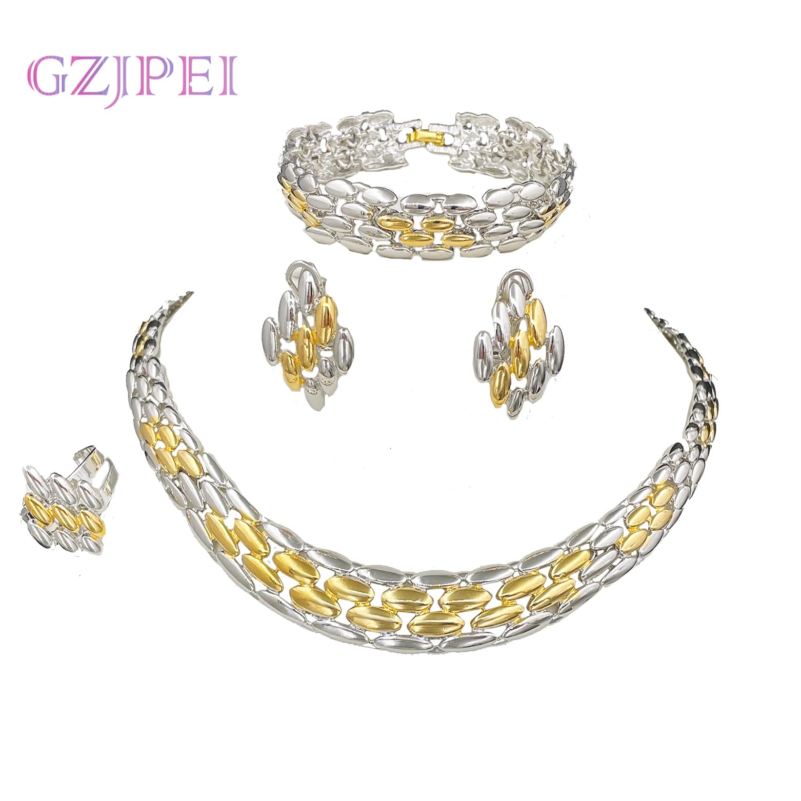 GZJPEI Italian Design Jewelry Set Gold Silver Color Two Tone Necklace Bracelet Geometry Stud Earring Ring For Women Wedding Gift