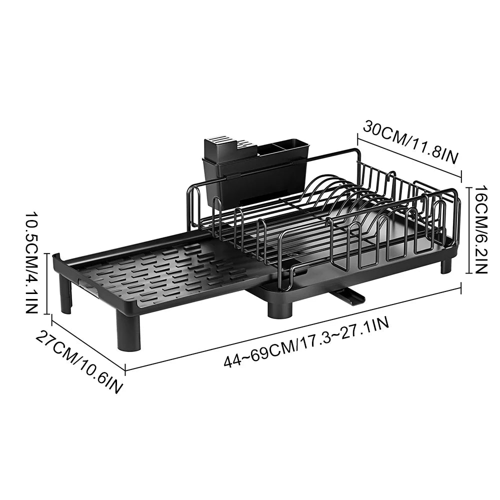 Multifunctional Dish Drying Rack Kitchen Extendable Dish Rack with Drainboard Dish Drainer Storage Organizer Cutlery Cup Holders