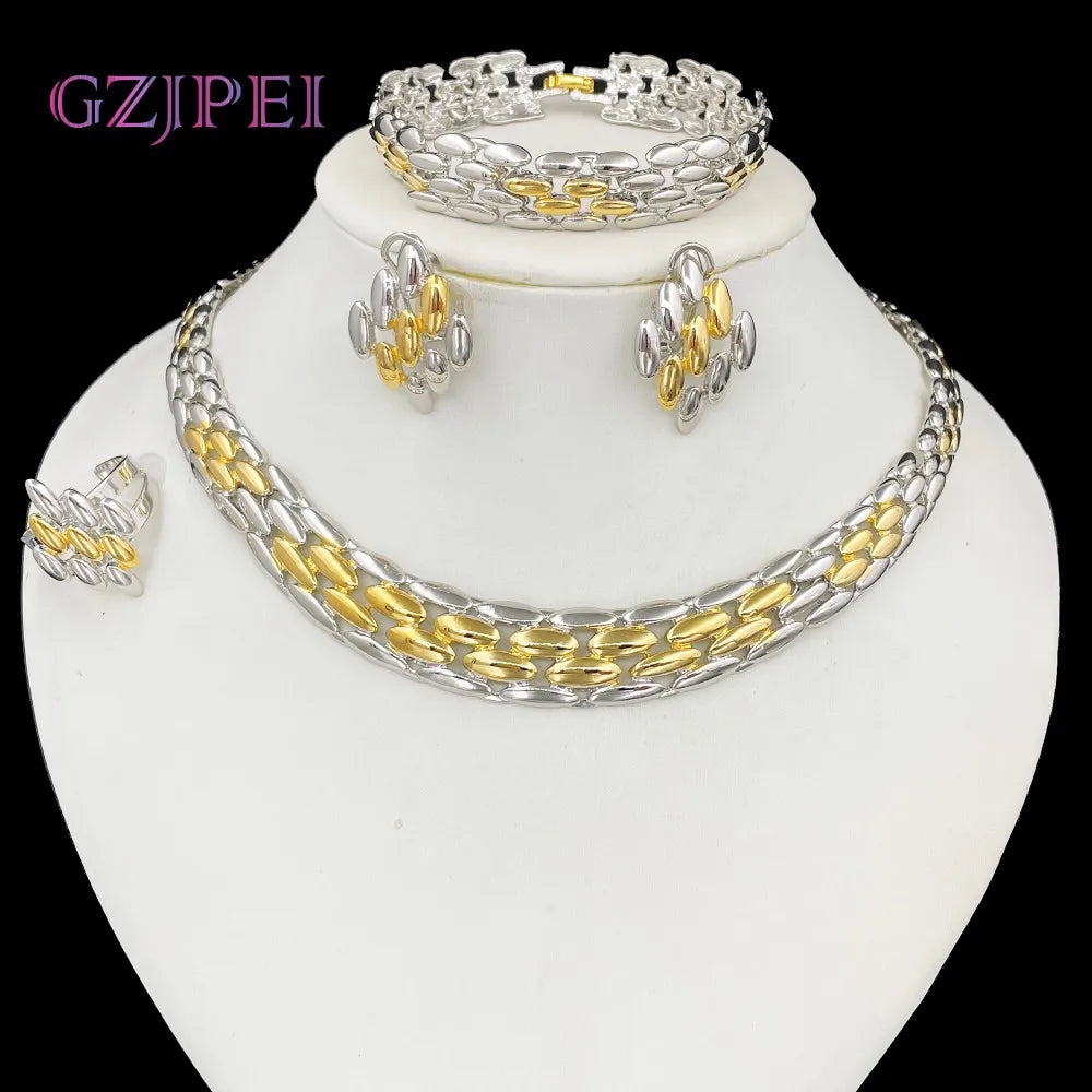 GZJPEI Italian Design Jewelry Set Gold Silver Color Two Tone Necklace Bracelet Geometry Stud Earring Ring For Women Wedding Gift