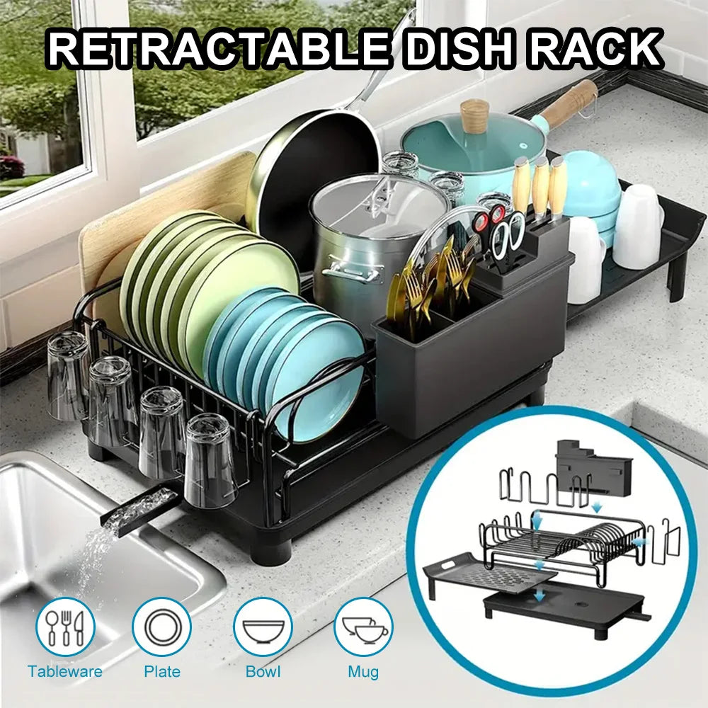 Multifunctional Dish Drying Rack Kitchen Extendable Dish Rack with Drainboard Dish Drainer Storage Organizer Cutlery Cup Holders