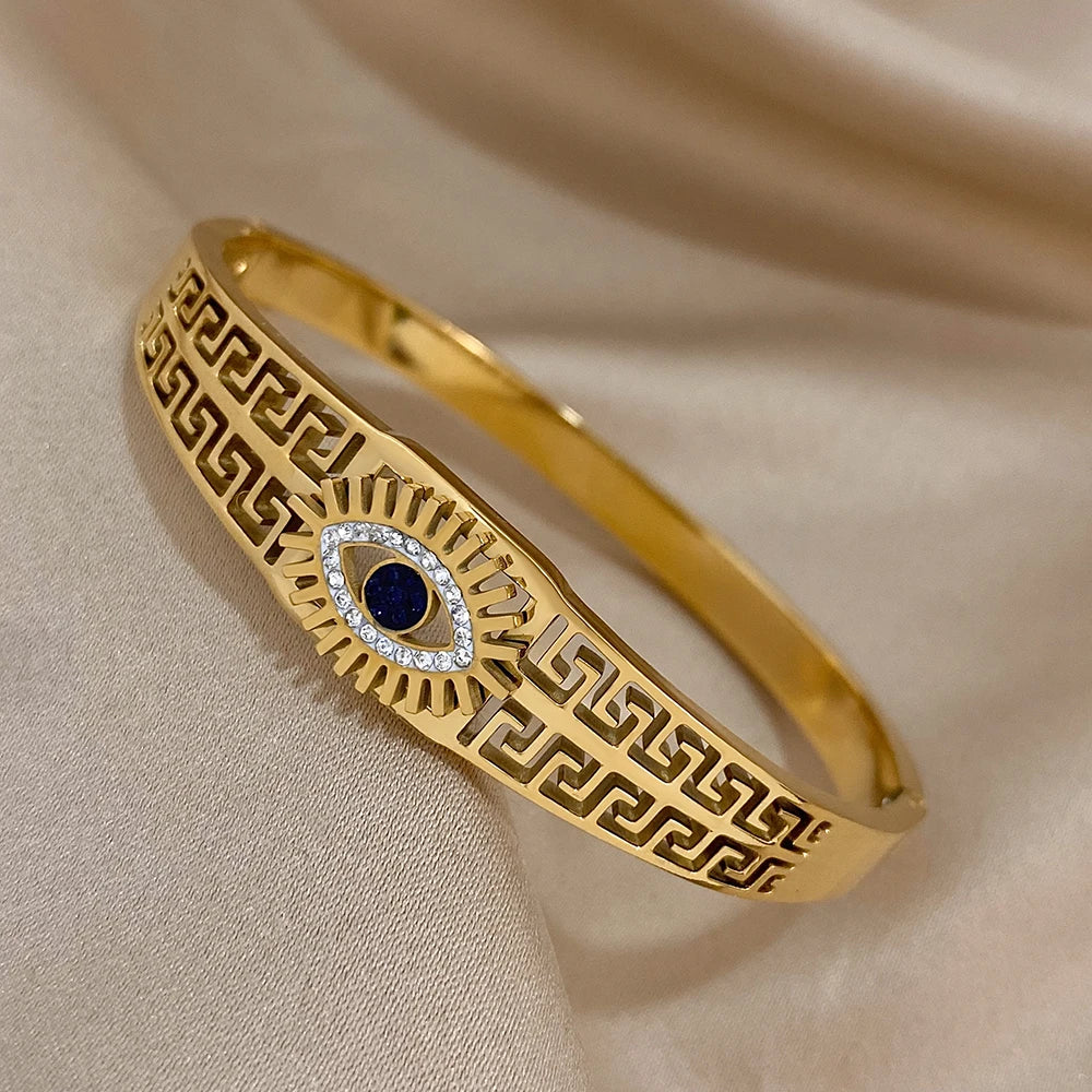 Vintage Evil Eye Bracelet Bangle For Women Stainless Steel Gold Plated Cuff Bracelet Brand Designer Tibetan Mati Greek Wristband