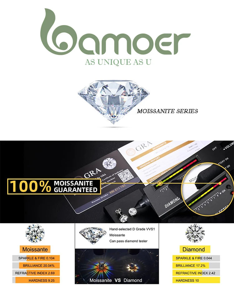 BAMOER Moissanite White Gold Plated Adjustable Ring 925 Sterling Silver Exquisite Open Ring for Women Fine Jewelry Gift