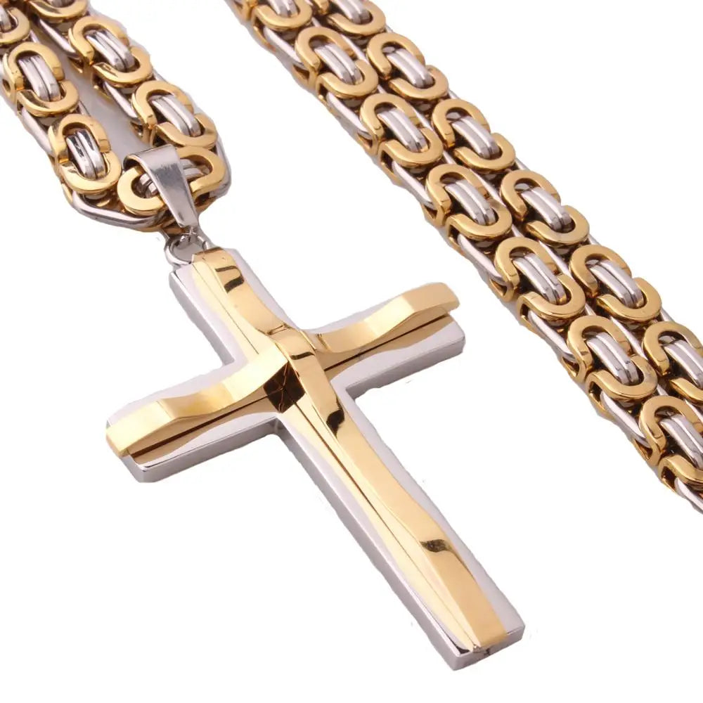 Hot Selling Stainless Steel Cross Necklaces Crucifix Pendant & Necklace for men Vintage Stainless Steel Men 6mm Byzantine Chain