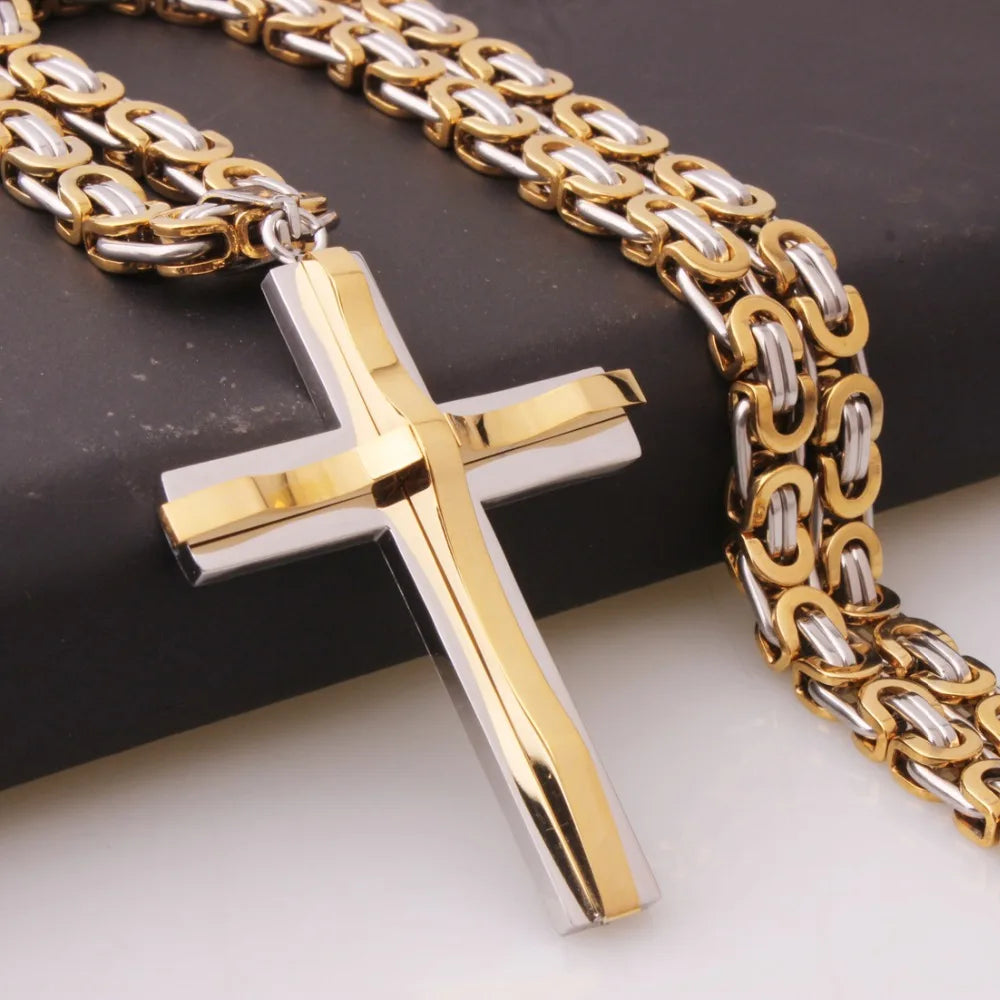 Hot Selling Stainless Steel Cross Necklaces Crucifix Pendant & Necklace for men Vintage Stainless Steel Men 6mm Byzantine Chain