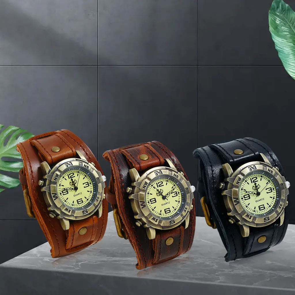 Wristwatch Genuine Leather Wide Leather Strap Leather Bracelet Watch for Men Retro Bracelet Watch Band Comfortable