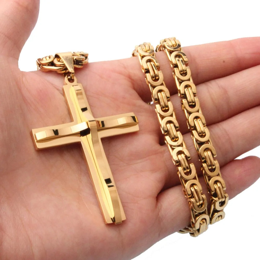 Hot Selling Stainless Steel Cross Necklaces Crucifix Pendant & Necklace for men Vintage Stainless Steel Men 6mm Byzantine Chain