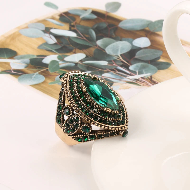 Kinel Luxury Antique Ring For Women Vintage Look AAA Green Crystal Boho Jewelry Gold Color Charm Ethnic Wedding Ring