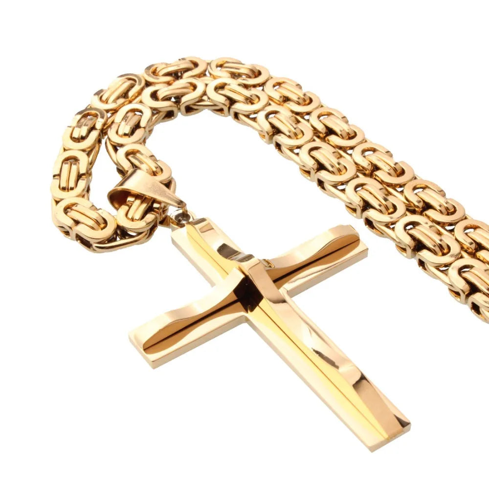 Hot Selling Stainless Steel Cross Necklaces Crucifix Pendant & Necklace for men Vintage Stainless Steel Men 6mm Byzantine Chain
