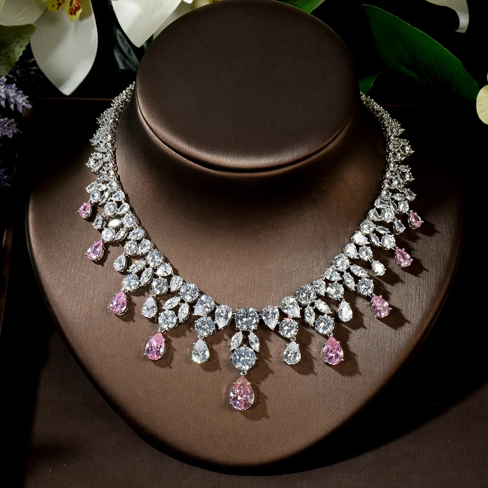 HIBRIDE Luxury Wedding Jewelry Nigerian Design Cubic Zirconia Large Bridal Choker Necklace Earrings Sets For Women bijoux N-1454