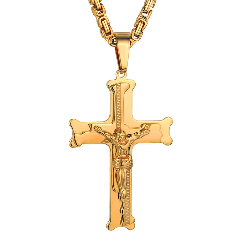 Stainless Steel Big Jesus Cross Pendant With Long Chain Men's Gold Color Crucifix Necklaces Male Religious Jewelry Dropshipping