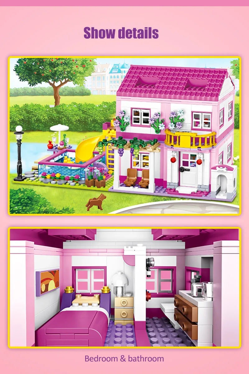 ZKZC 1018pcs City 1 Change 3 Summer Double-storey Villa House Building Blocks Friends Garden Flower Figures Bricks Toys Girls