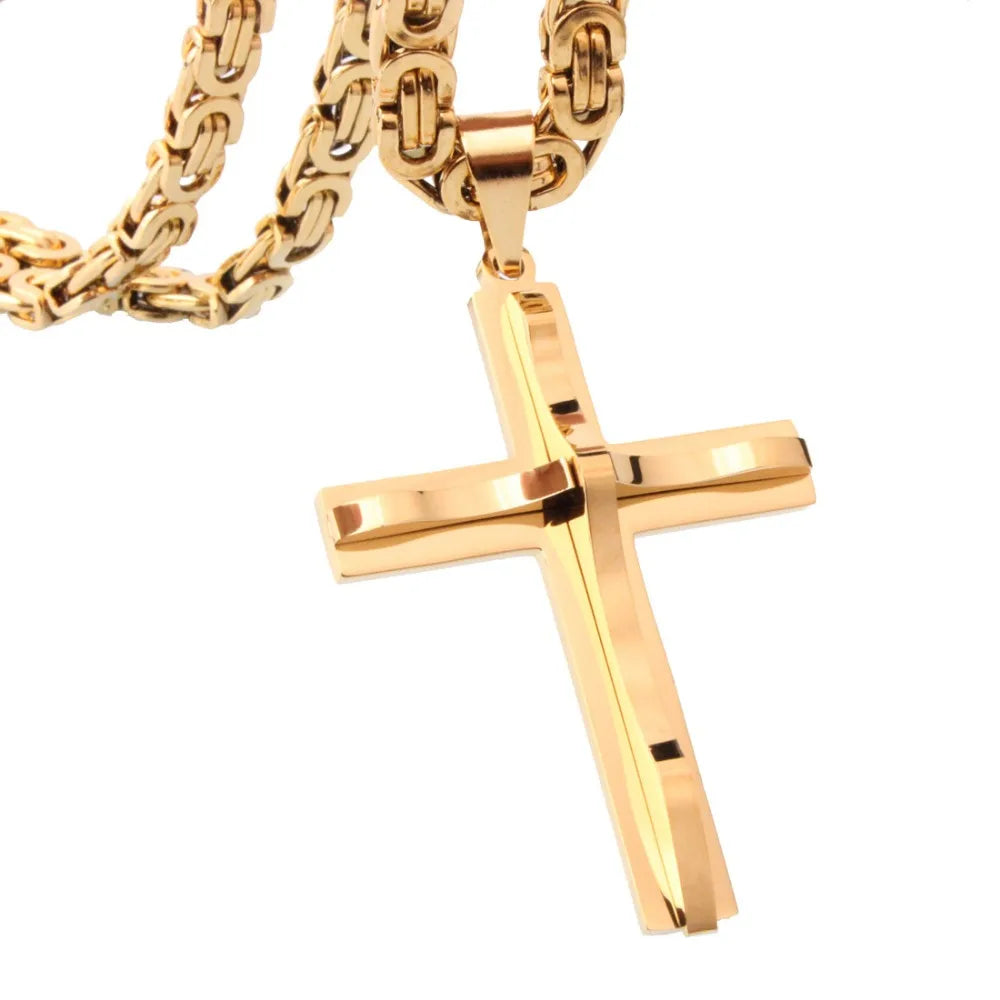 Hot Selling Stainless Steel Cross Necklaces Crucifix Pendant & Necklace for men Vintage Stainless Steel Men 6mm Byzantine Chain
