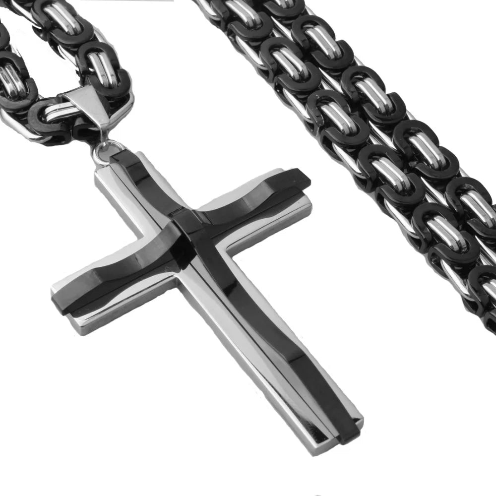 Hot Selling Stainless Steel Cross Necklaces Crucifix Pendant & Necklace for men Vintage Stainless Steel Men 6mm Byzantine Chain