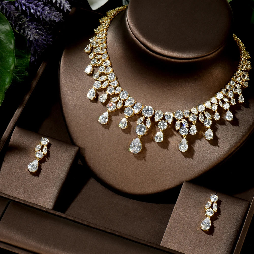 HIBRIDE Luxury Wedding Jewelry Nigerian Design Cubic Zirconia Large Bridal Choker Necklace Earrings Sets For Women bijoux N-1454