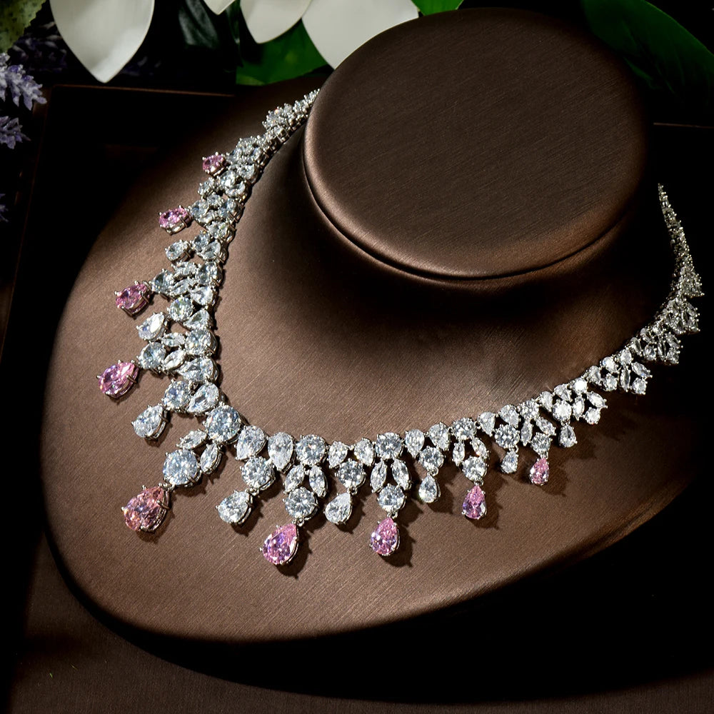 HIBRIDE Luxury Wedding Jewelry Nigerian Design Cubic Zirconia Large Bridal Choker Necklace Earrings Sets For Women bijoux N-1454