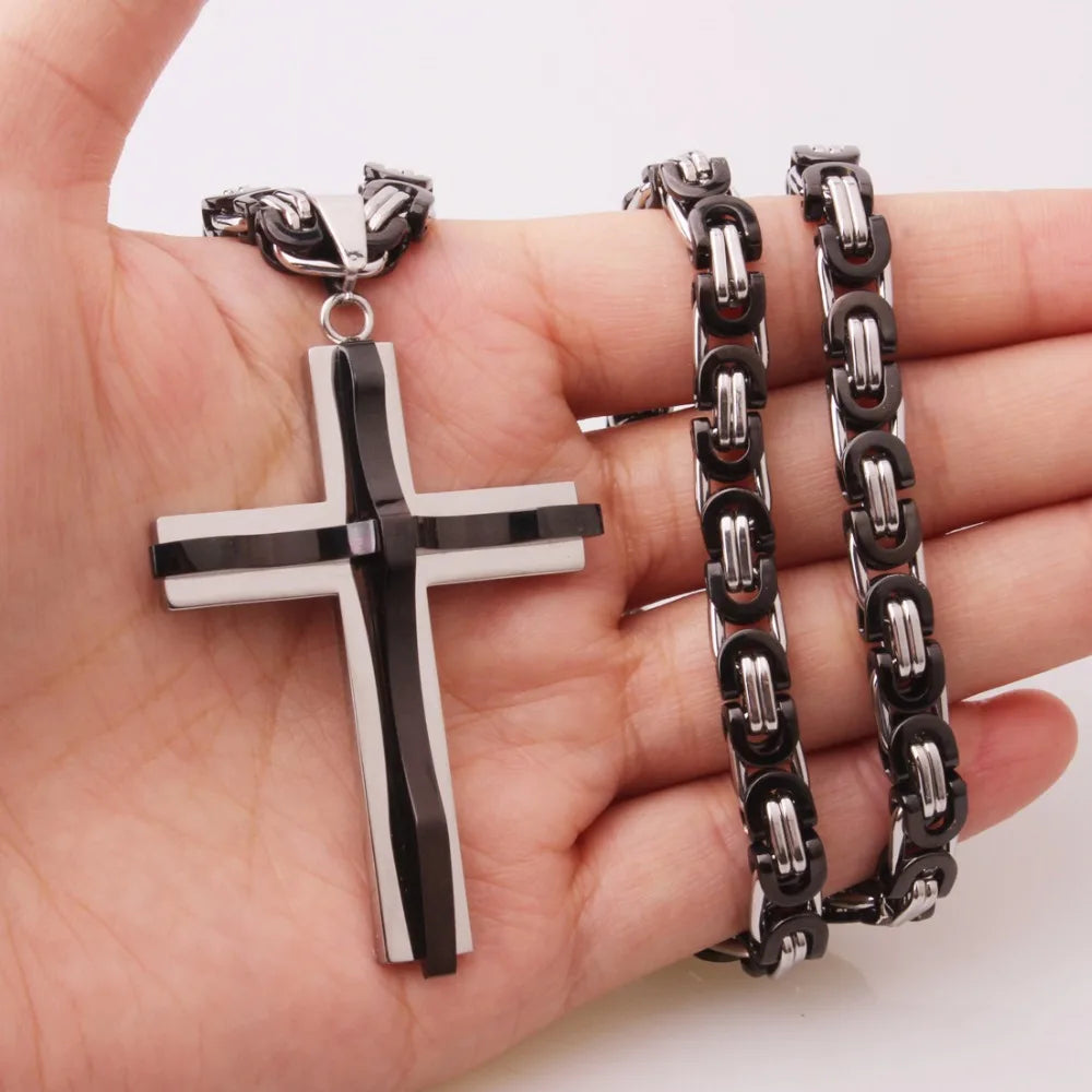 Hot Selling Stainless Steel Cross Necklaces Crucifix Pendant & Necklace for men Vintage Stainless Steel Men 6mm Byzantine Chain
