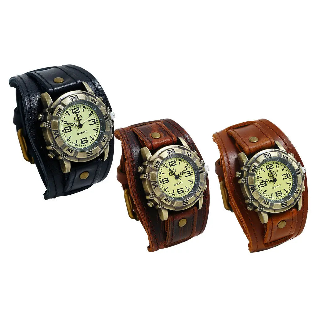 Wristwatch Genuine Leather Wide Leather Strap Leather Bracelet Watch for Men Retro Bracelet Watch Band Comfortable