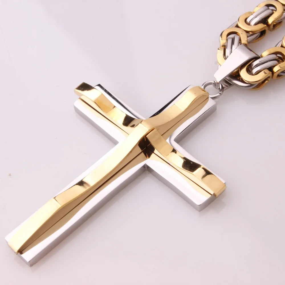 Hot Selling Stainless Steel Cross Necklaces Crucifix Pendant & Necklace for men Vintage Stainless Steel Men 6mm Byzantine Chain