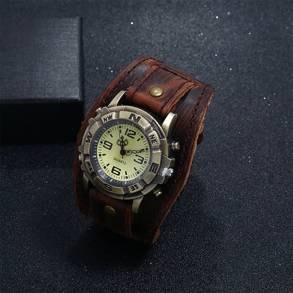 Wristwatch Genuine Leather Wide Leather Strap Leather Bracelet Watch for Men Retro Bracelet Watch Band Comfortable