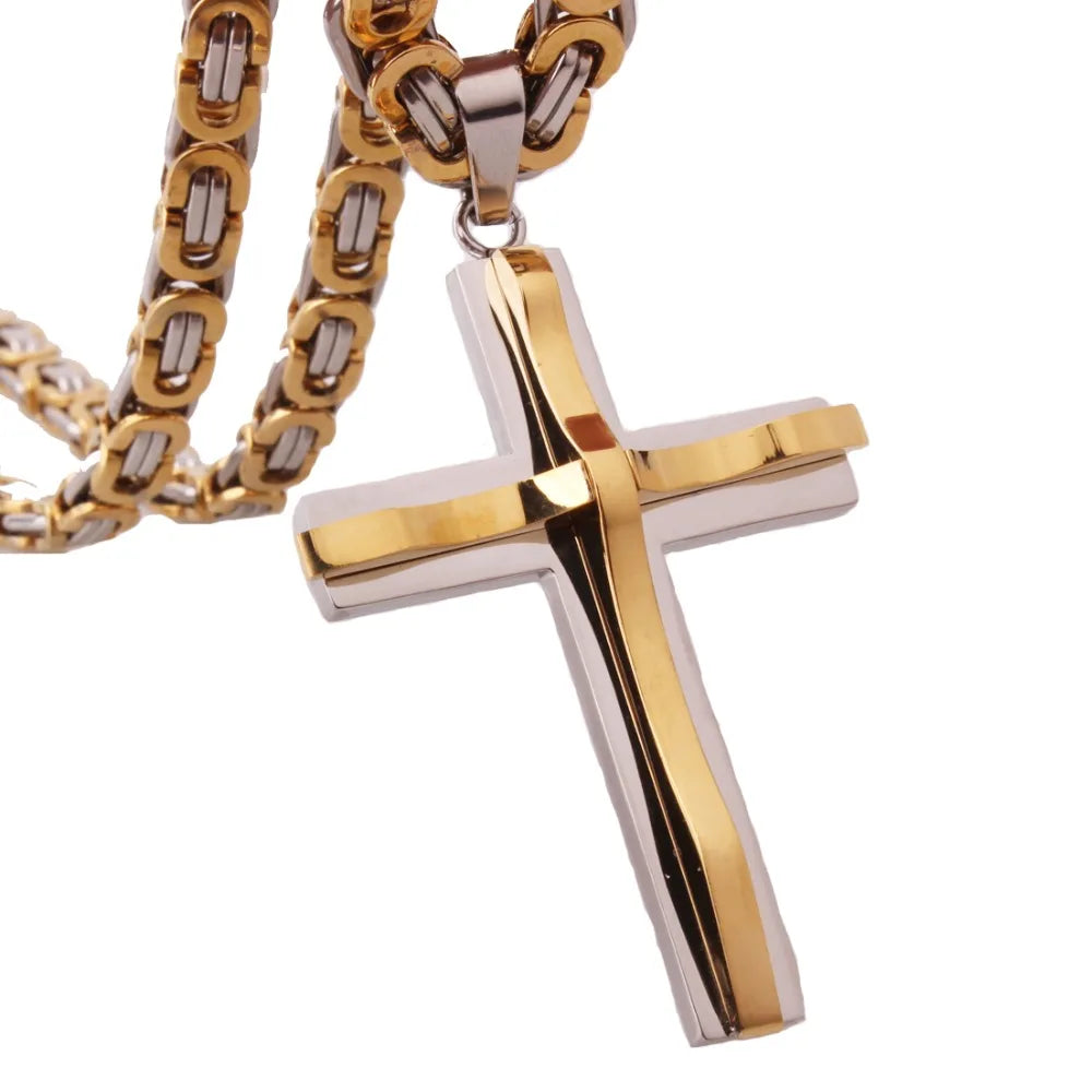 Hot Selling Stainless Steel Cross Necklaces Crucifix Pendant & Necklace for men Vintage Stainless Steel Men 6mm Byzantine Chain