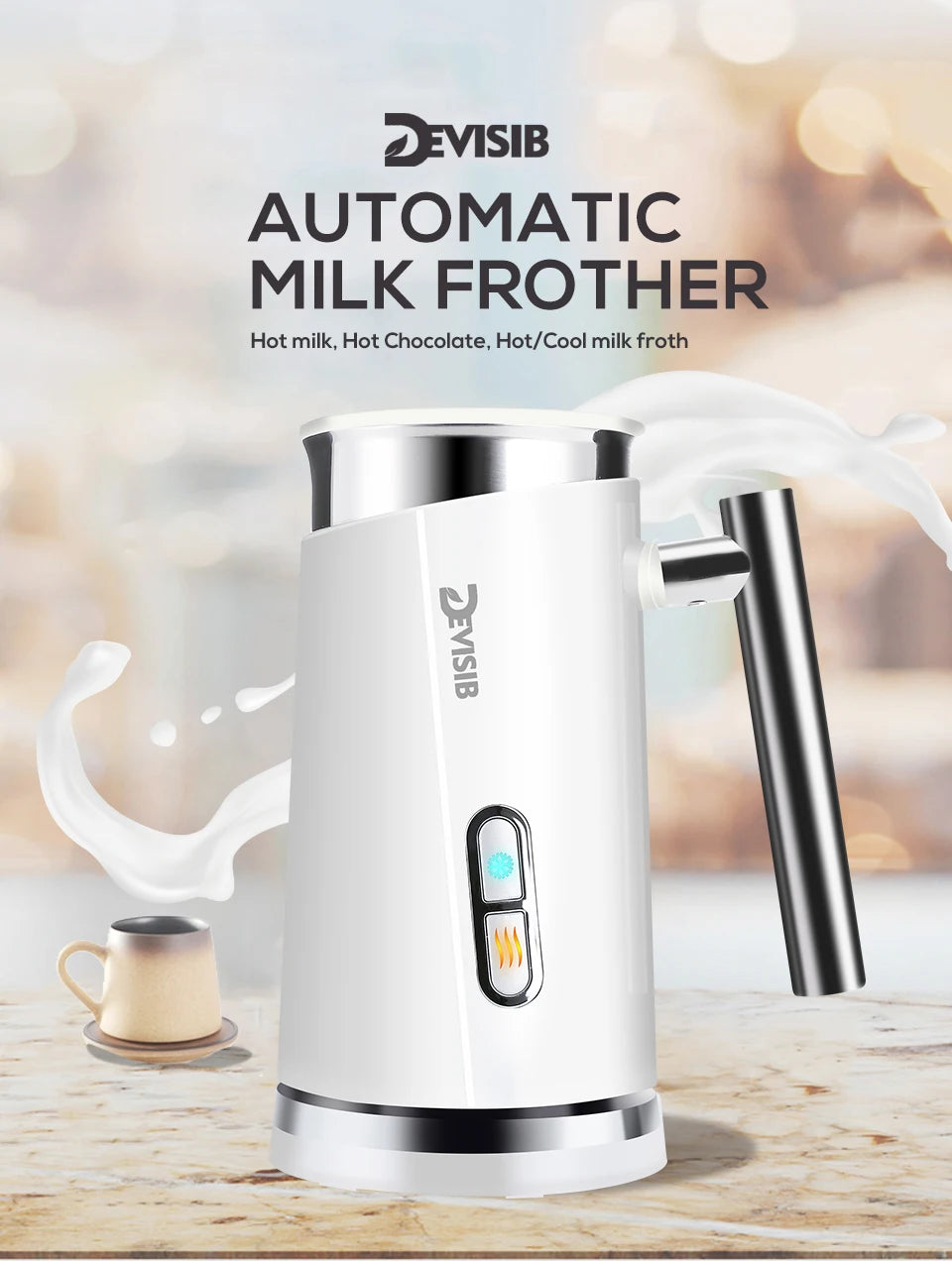 DEVISIB 3 in 1 Electric Milk Frother 300ml Automatic Hot and Cold Foam Maker for Coffee Latte Cappuccino Macchiato Hot Chocolate