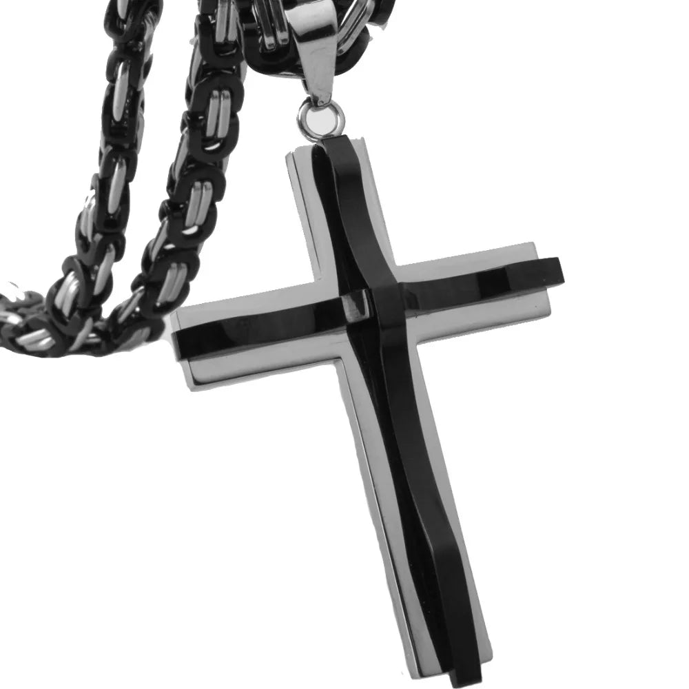 Hot Selling Stainless Steel Cross Necklaces Crucifix Pendant & Necklace for men Vintage Stainless Steel Men 6mm Byzantine Chain