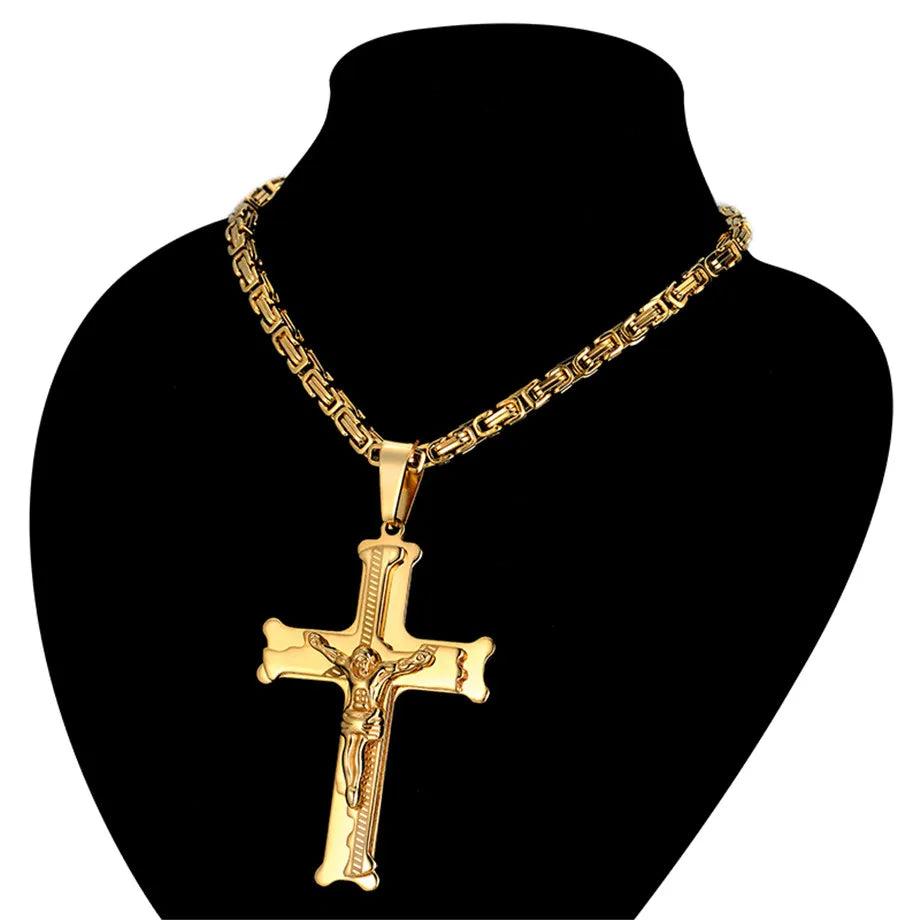 Stainless Steel Big Jesus Cross Pendant With Long Chain Men's Gold Color Crucifix Necklaces Male Religious Jewelry Dropshipping