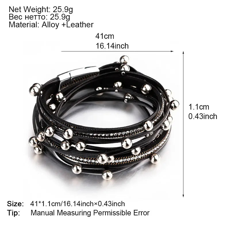 ALLYES Metal Beads Charm Leather Bracelets for Women Men Fashion Crystal Chain Bohemian Multilayer Wrap Bracelet Female Jewelry