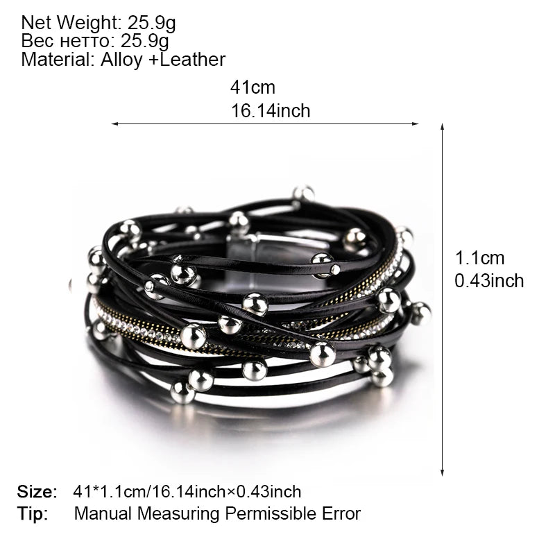 ALLYES Metal Beads Charm Leather Bracelets for Women Men Fashion Crystal Chain Bohemian Multilayer Wrap Bracelet Female Jewelry