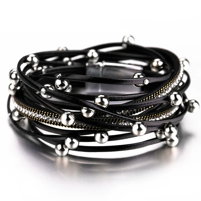 ALLYES Metal Beads Charm Leather Bracelets for Women Men Fashion Crystal Chain Bohemian Multilayer Wrap Bracelet Female Jewelry