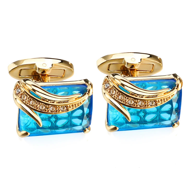 Low-key Luxury Blue Glass Cufflinks for Mens Lepton Brand High Quality Square Crystal Cufflinks Shirt Cuff Links Relojes Gemelos