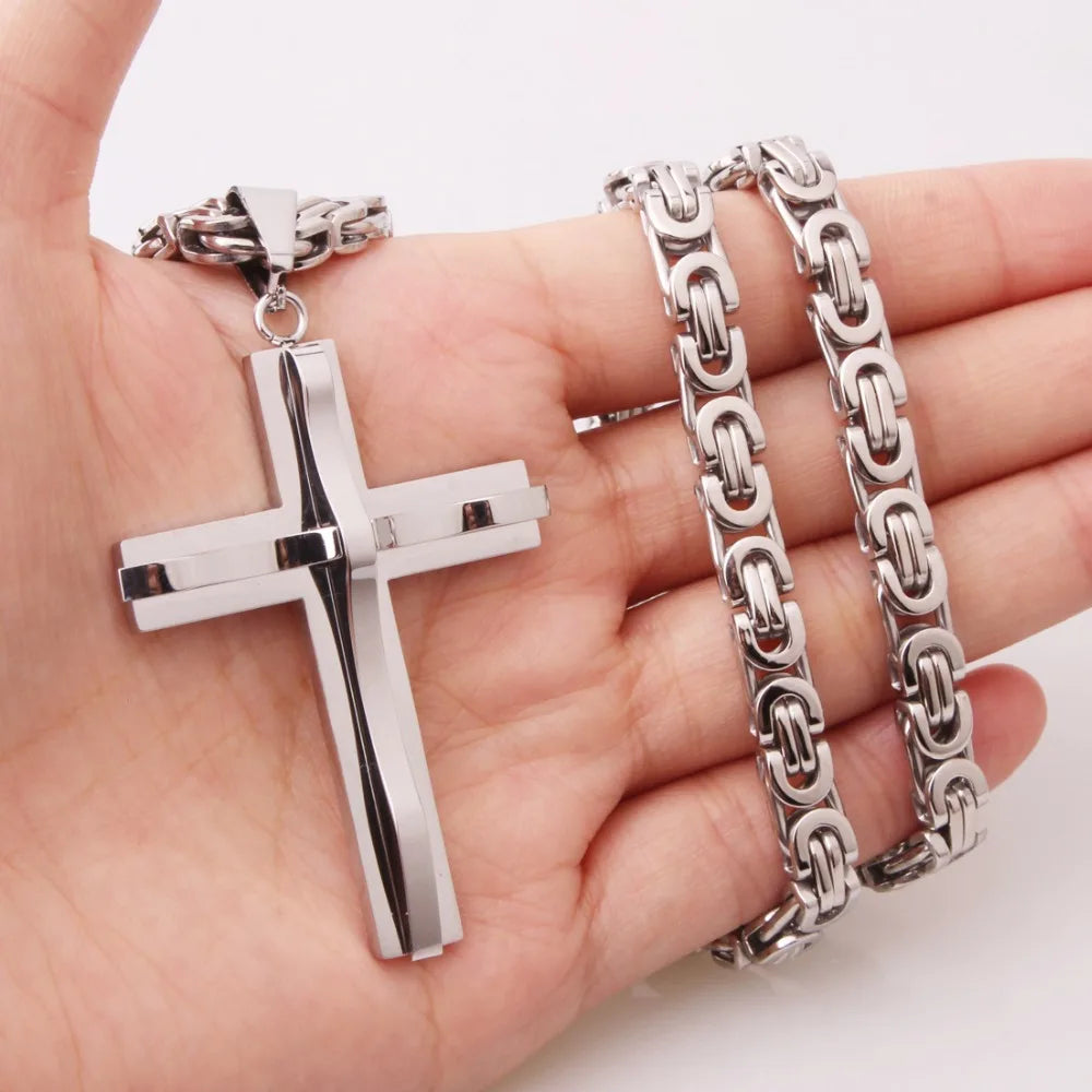 Hot Selling Stainless Steel Cross Necklaces Crucifix Pendant & Necklace for men Vintage Stainless Steel Men 6mm Byzantine Chain
