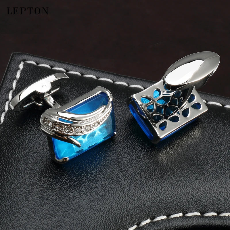 Low-key Luxury Blue Glass Cufflinks for Mens Lepton Brand High Quality Square Crystal Cufflinks Shirt Cuff Links Relojes Gemelos