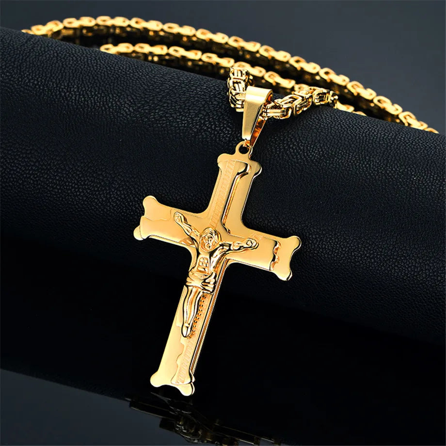 Stainless Steel Big Jesus Cross Pendant With Long Chain Men's Gold Color Crucifix Necklaces Male Religious Jewelry Dropshipping