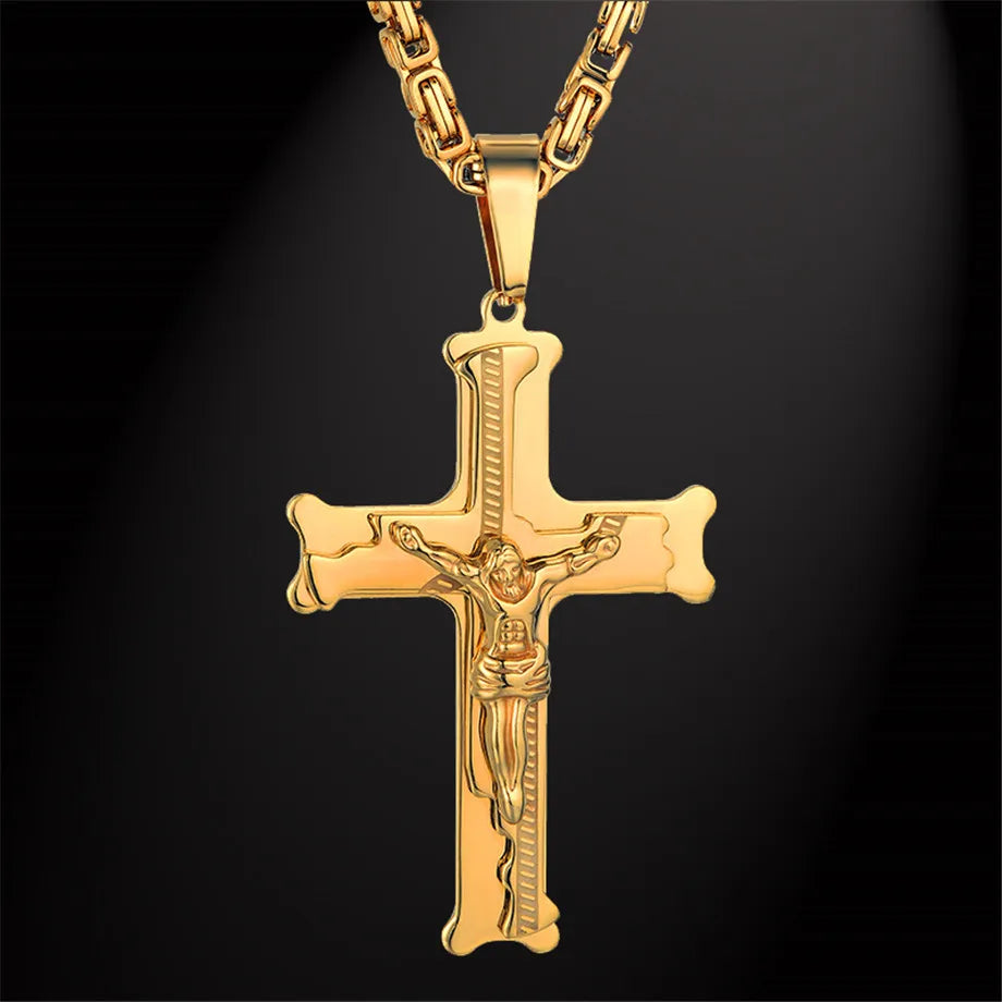 Stainless Steel Big Jesus Cross Pendant With Long Chain Men's Gold Color Crucifix Necklaces Male Religious Jewelry Dropshipping