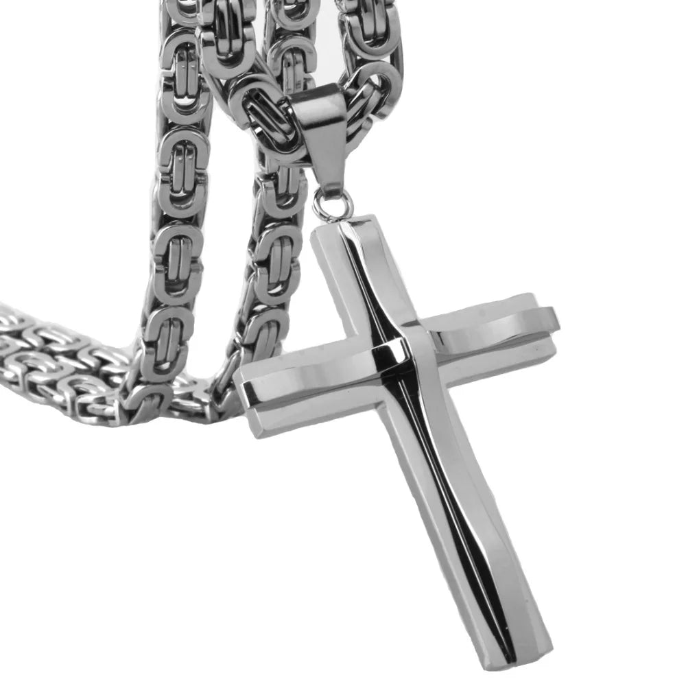 Hot Selling Stainless Steel Cross Necklaces Crucifix Pendant & Necklace for men Vintage Stainless Steel Men 6mm Byzantine Chain