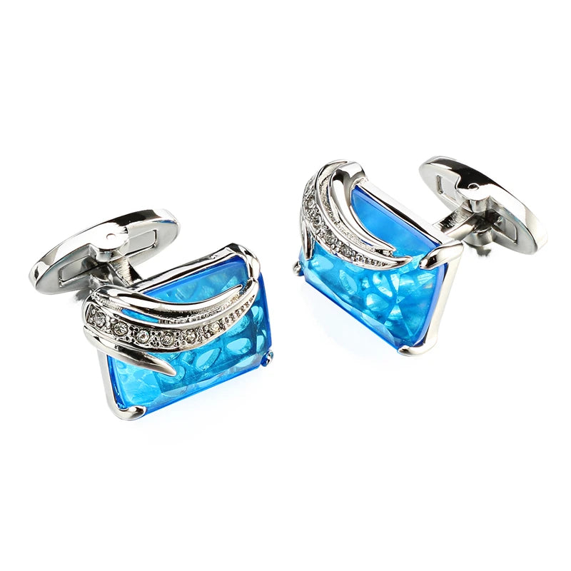 Low-key Luxury Blue Glass Cufflinks for Mens Lepton Brand High Quality Square Crystal Cufflinks Shirt Cuff Links Relojes Gemelos
