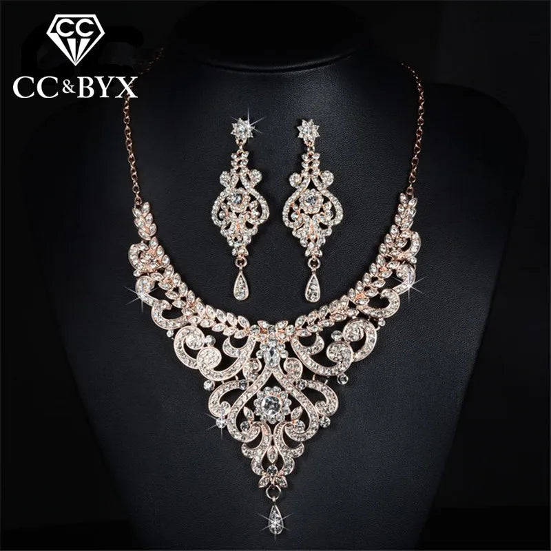 Rose Gold Color Bridal Jewelry Sets CZ Austrian Crystal Necklace Earring Sets Luxury Jewelry Bijoux Femme D020