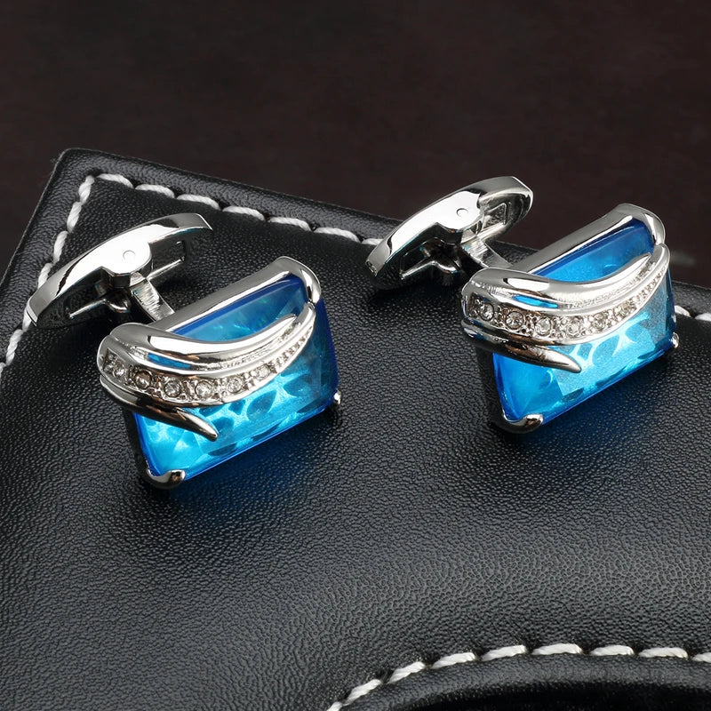 Low-key Luxury Blue Glass Cufflinks for Mens Lepton Brand High Quality Square Crystal Cufflinks Shirt Cuff Links Relojes Gemelos