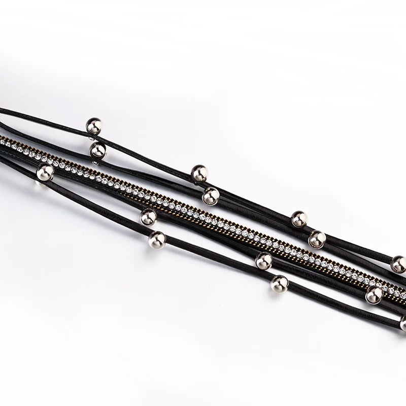 ALLYES Metal Beads Charm Leather Bracelets for Women Men Fashion Crystal Chain Bohemian Multilayer Wrap Bracelet Female Jewelry