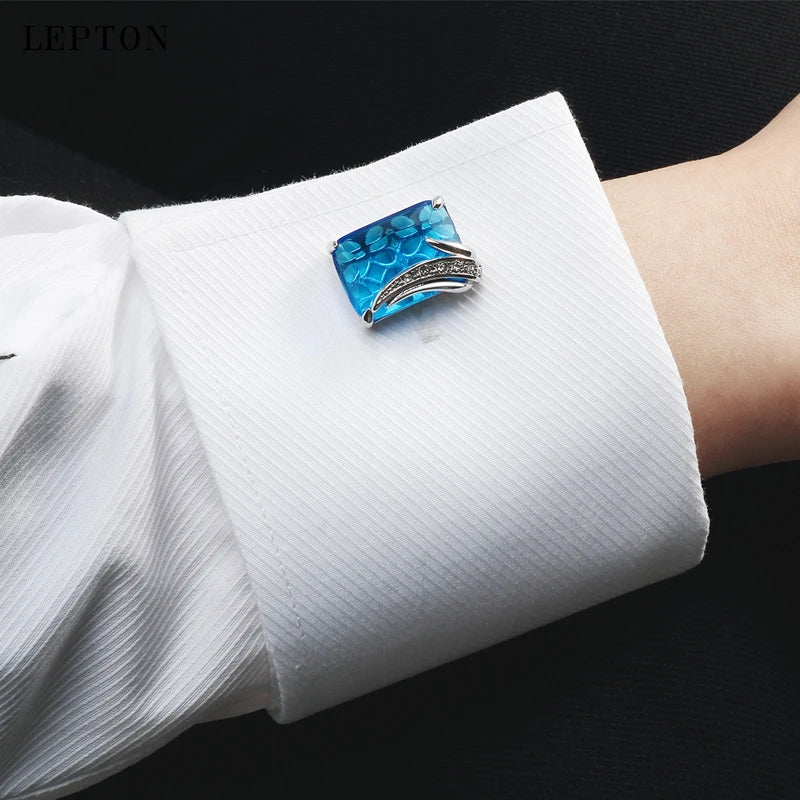 Low-key Luxury Blue Glass Cufflinks for Mens Lepton Brand High Quality Square Crystal Cufflinks Shirt Cuff Links Relojes Gemelos