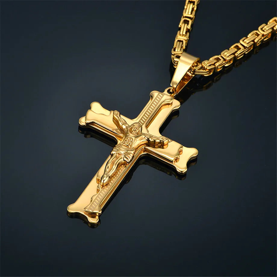 Stainless Steel Big Jesus Cross Pendant With Long Chain Men's Gold Color Crucifix Necklaces Male Religious Jewelry Dropshipping