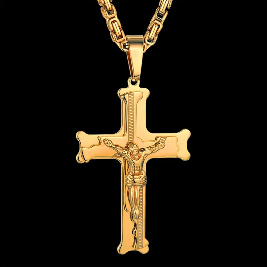 Stainless Steel Big Jesus Cross Pendant With Long Chain Men's Gold Color Crucifix Necklaces Male Religious Jewelry Dropshipping