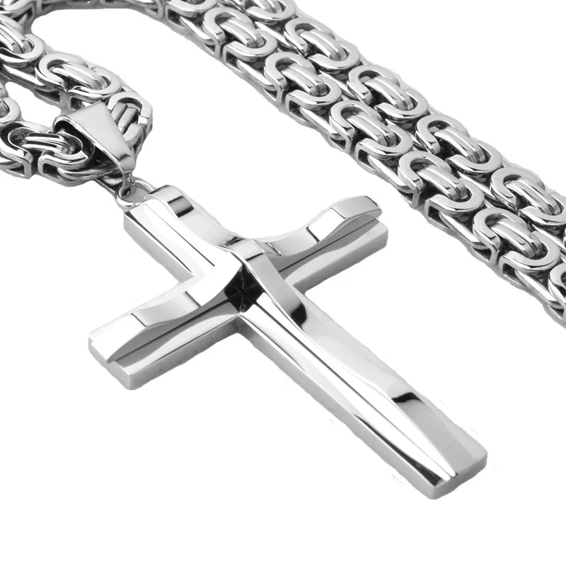 Hot Selling Stainless Steel Cross Necklaces Crucifix Pendant & Necklace for men Vintage Stainless Steel Men 6mm Byzantine Chain
