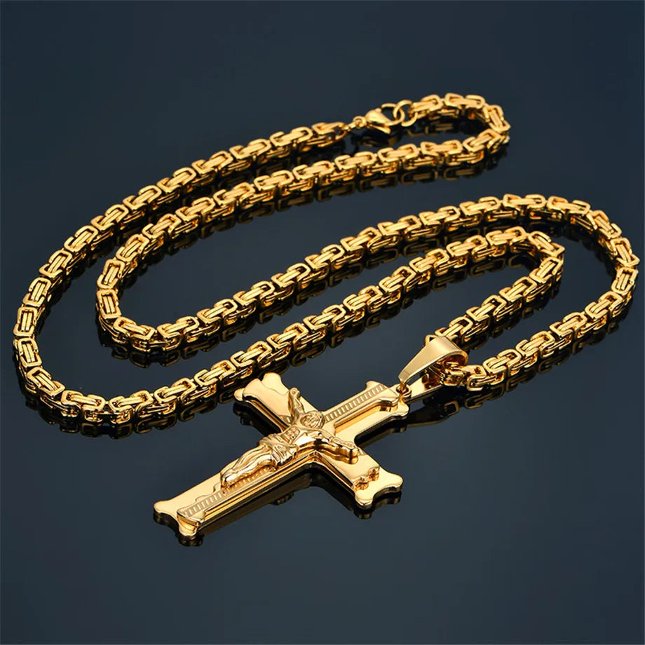 Stainless Steel Big Jesus Cross Pendant With Long Chain Men's Gold Color Crucifix Necklaces Male Religious Jewelry Dropshipping