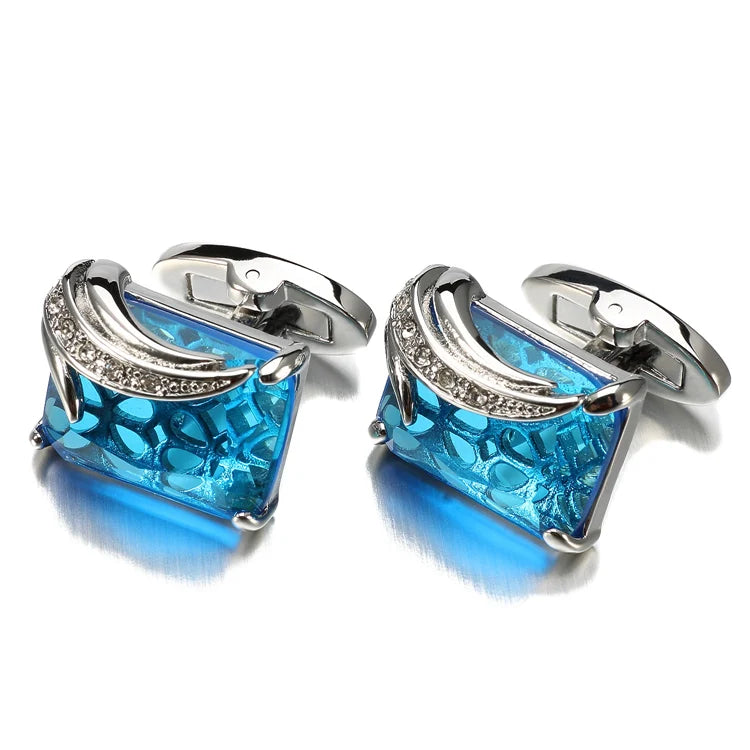 Low-key Luxury Blue Glass Cufflinks for Mens Lepton Brand High Quality Square Crystal Cufflinks Shirt Cuff Links Relojes Gemelos