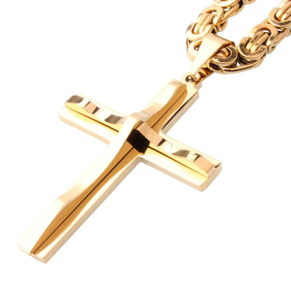 Hot Selling Stainless Steel Cross Necklaces Crucifix Pendant & Necklace for men Vintage Stainless Steel Men 6mm Byzantine Chain