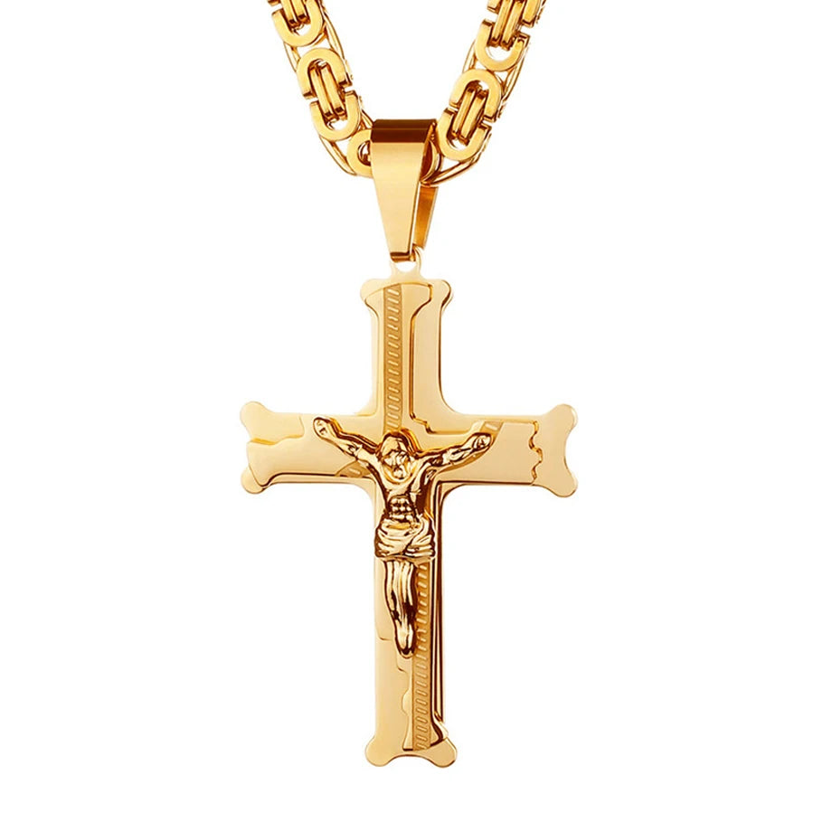 Stainless Steel Big Jesus Cross Pendant With Long Chain Men's Gold Color Crucifix Necklaces Male Religious Jewelry Dropshipping