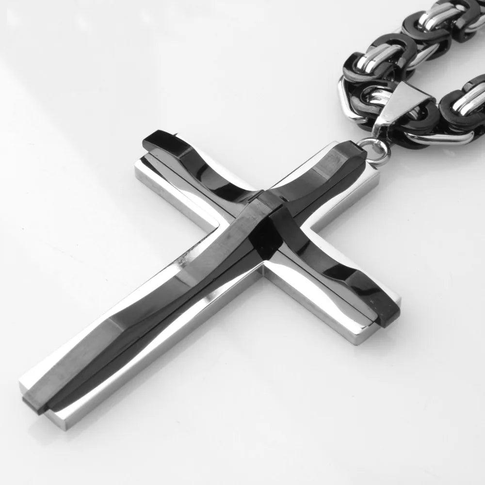 Hot Selling Stainless Steel Cross Necklaces Crucifix Pendant & Necklace for men Vintage Stainless Steel Men 6mm Byzantine Chain